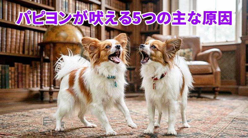 大声で吠える2匹のパピヨン
