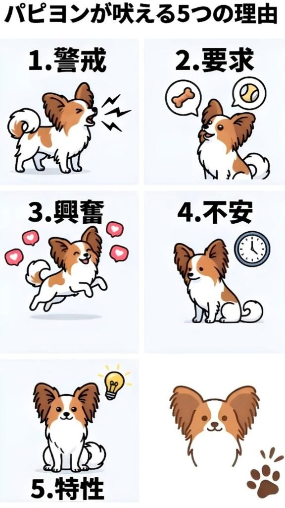 5つの原因（警戒・要求・興奮・不安・犬種特性）を示すアイコン図解