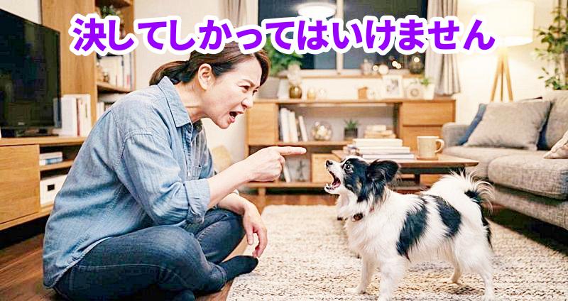 飼い主がパピヨンを叱っている様子
