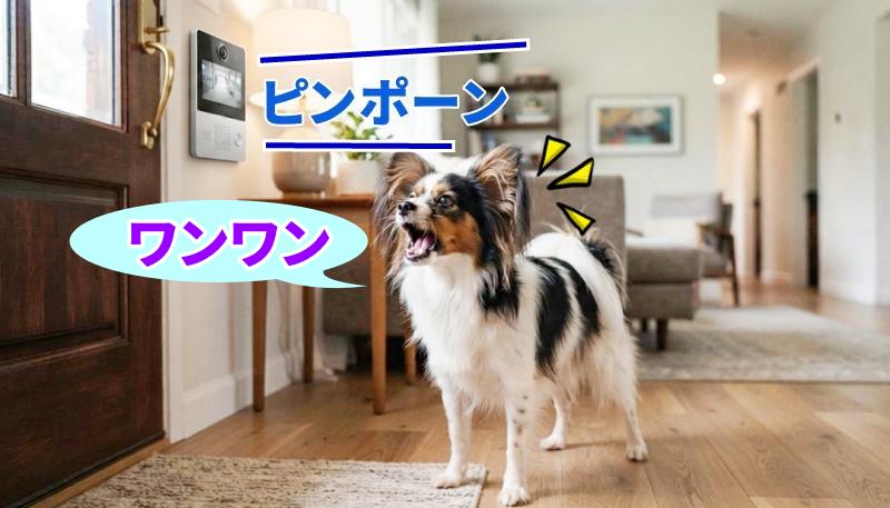インターホンの音に驚いて吠えるパピヨンの様子