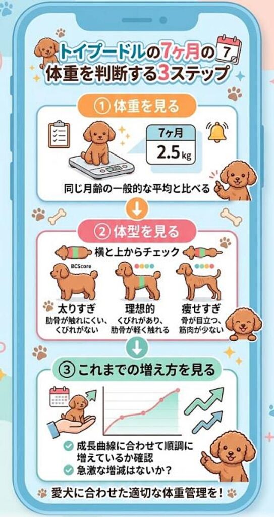 「7ヶ月の体重を判断する3ステップ」の図解
