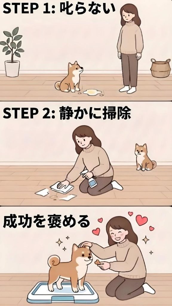 トイレ失敗後の正しい対応「叱らず→静かに掃除→次の成功につなげる」の図解