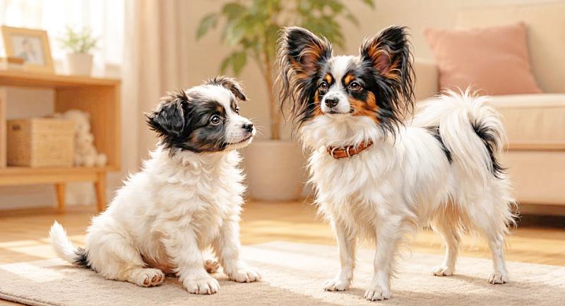 子犬期・成犬期のパピヨンを並べた成長段階比較の画像