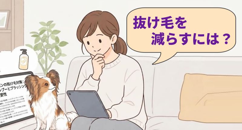 パピヨンの抜け毛を減らすには？と調べる女性のイラスト