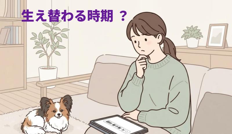 パピヨンに毛が生え替わる時期はあるの？と考えている女性のイラスト