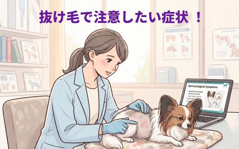 パピヨンの皮膚を調べる女性のイラスト