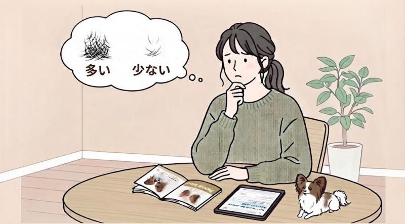 パピヨンは抜け毛が多い？少ない？と考えている日本人女性のイラスト