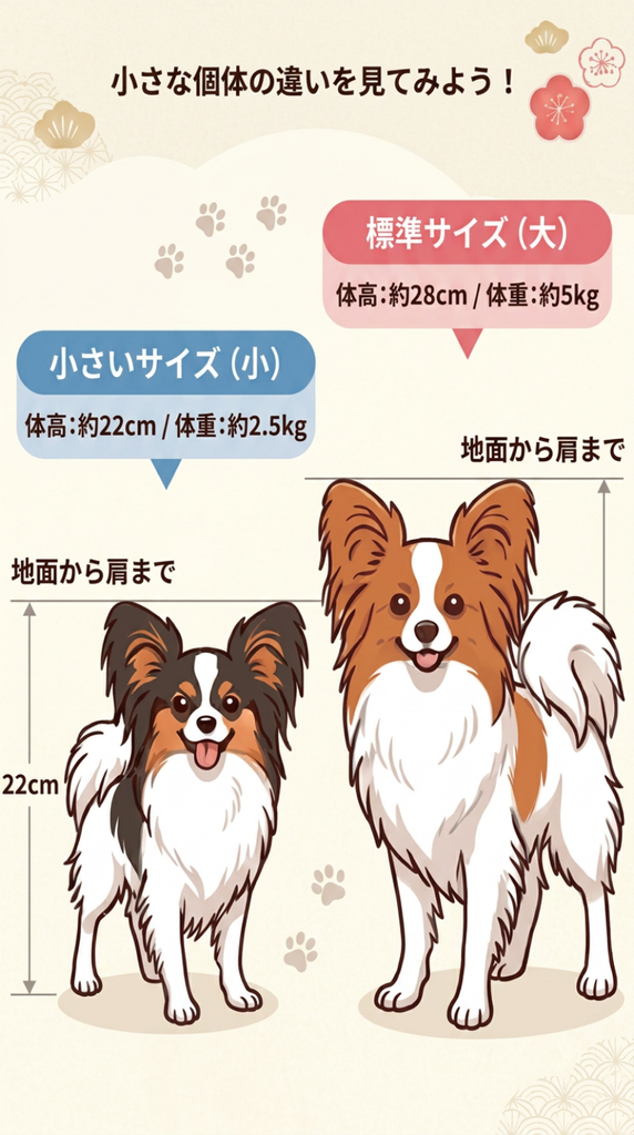 パピヨンの成犬時のサイズ比較イラスト