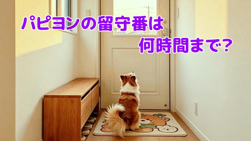 パピヨンが飼い主の帰りを玄関口で待っている様子