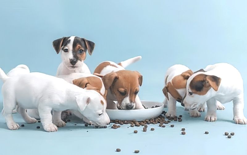フードボウルを囲んで仲良くエサを食べている複数匹の子犬たちの様子