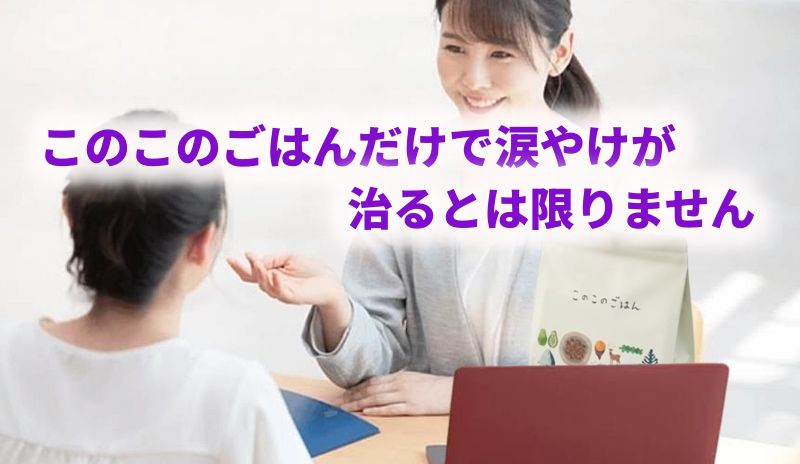 「このこのごはんだけで涙やけが治るとは限りません」というテキストと説明を受ける女性の画像