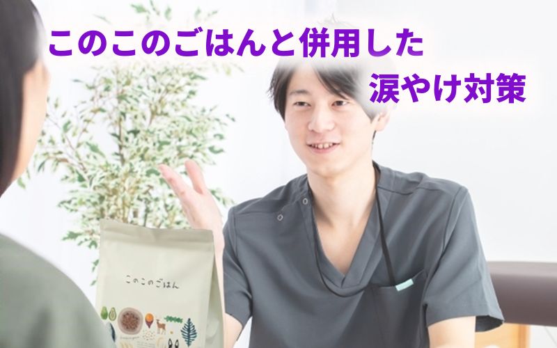 「このこのごはんと併用した涙やけ対策」というテキストと説明する男性の画像