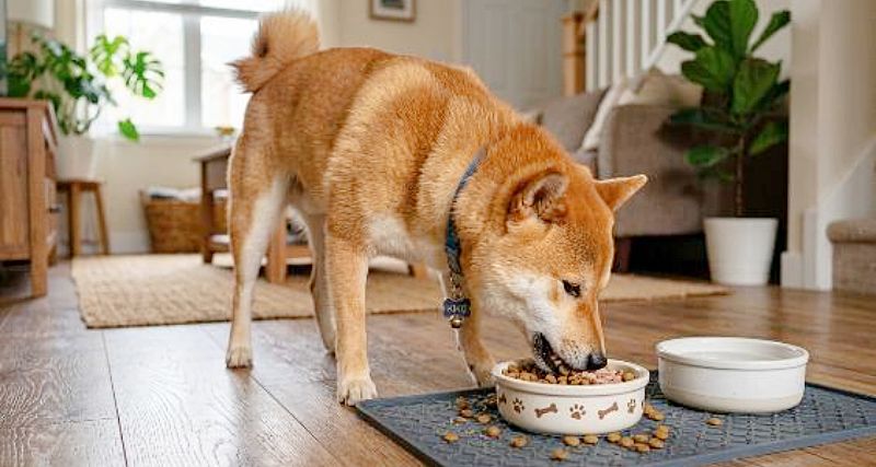 部屋の中でフードボウルからおいしそうに食事をとる柴犬の様子
