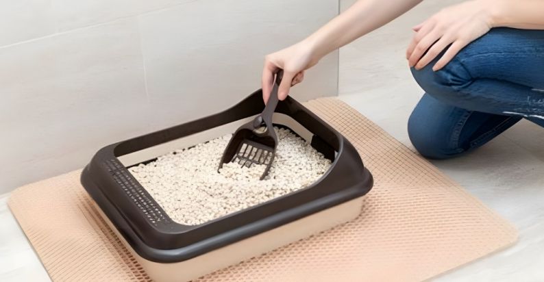 猫のトイレをスコップで掃除している様子